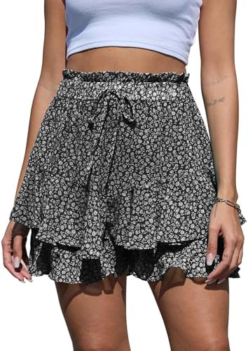 CheChury Pantalón Corto Mujer Fluidos Gasa Shorts Corto Falda Volante Alta Cintura Shorts Mujer Verano Estampado Floral Pantalones Cortos Casual con Cordón Bermudas Playa Boho Volante