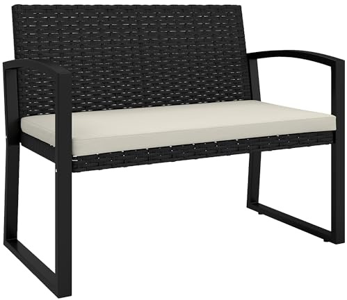 Outsunny Banco de Jardín de Ratán Sintético de 2 Plazas Banco de Exterior con Cojín y Reposabrazos Carga 240 kg para Terraza Patio 103x58x78 cm Negro y Beige