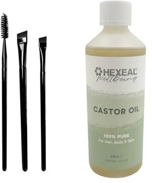 Hexeal Castor Oil 500ml with 3 Pack of Brushes – 500ml Bottle Of 100% Pure, Cold Pressed, Food Grade Castor Oil - Natural Moisturiser for Hair, Eyelashes, Eyebrows, Skin & Nails
