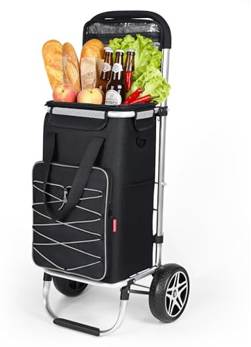 YEAUPE PRO Shopping Trolley on Wheels with Insulated Compartment,3-in-1 Large Capacity 50L Shopping Cart with Removable Bag,Max. 25 kg Load Capacity,Includes Side Pockets & Bottle Opener,Black/Grey