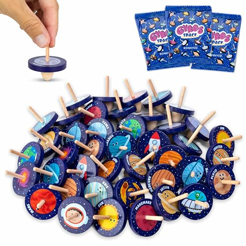 BONNYCO Peonza Madera Galaxia, Pack 40 Regalos Cumpleaños Niños Colegio. Detalles Cumpleaños Niños, Relleno Piñata Infantil. Regalitos Invitados Espacio, Regalos Alumnos Primaria. Juguetes Sorpresas