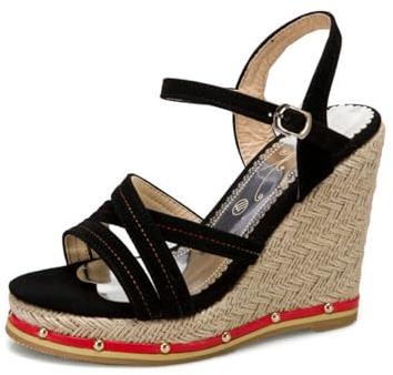 Generico Scarpe con Tacco A Cuneo Massiccio in Corda in Pelle PU Similpelle Fascia Incrociata Punta Aperta Tracolla Caviglia Regolabile con Fibbia Estate Appuntamento Serata,Nero,41 EU