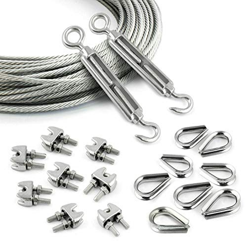 DQ-PP stållina SET | 4 mm | 20 m | 8 x linsklämma 4 mm | 2 x spännlås M4 krokar – ögla | 8 x byte 4 mm | Rostfritt stål INOX | 7 x 7 medium mjuk | trådlina för rankhjälp rostfri rep ståltråd skogsrep vindrep spännlina gelrep växellina