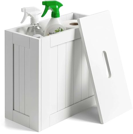 Unibos Bathroom Storage Unit, Freestanding Toilet Roll Cabinet, Compact Slimline Wooden Bathroom Storage Box, Multi Purpose Cleaning Tidy (White)