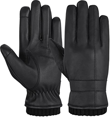 Hand Fellow Herren Echtleder Handschuhe Fleece Gefüttert Touchscreen Leder Fahren Winter Warme Outdoor, Schwarz Rib, (XL)