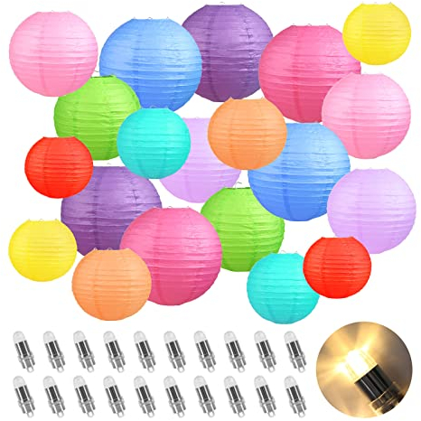 Encham 20 Stück Bunte Papierlaternen Lampions Papier Laterne mit 20 Stück Ballonlichter Warmweiß Lampenschirm für Ramadan deko Hochzeit Party Deko Innen und Außen