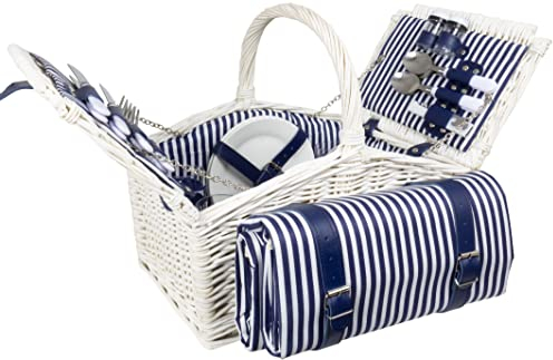 Trendyshop365 Picknickkorb Set 25-teilig mit Geschirr für 4 Personen und Picknickdecke Blau-Weiß, 40x28x20cm