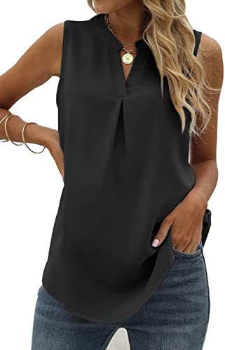 Famulily Women's V Neck Chiffon Tank Tops Pleated Sheer Vest Tops Summer Sleeveless Loose Casual Shirts