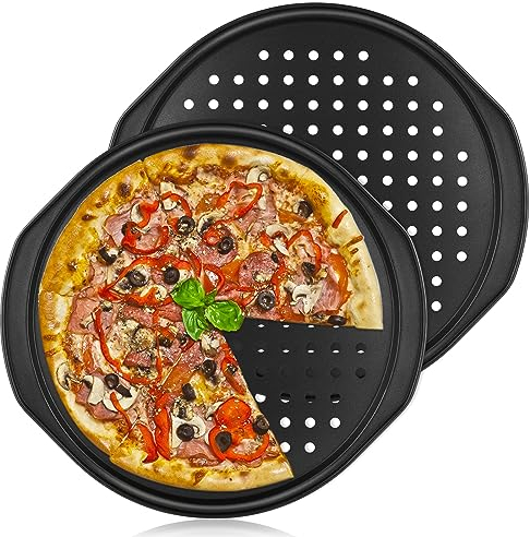 LOLYSIC 2 Pcs 14 Inch Pizza Trays for Oven Non Stick Pizza Pans Round Perforated Pizza Oven Trays Carbon Steel Baking Tray with Handle, Black