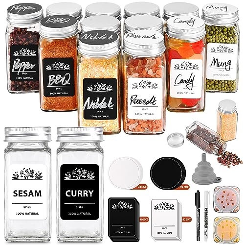 FNLLC Botes Especias,12 Tarros Especias 120ML,Cuadrado Botes Cristal Cocina Almacenaje,Plata Frascos Para Especias,Embudo, Adhesivo, Tamiz Filtrante.