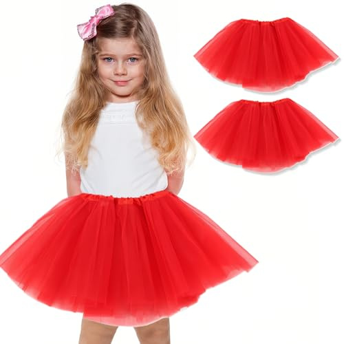 WKRTDY 2 Faldas Infantiles Cortas de Tul elástico para niñas (Rojo, 3 Capas)