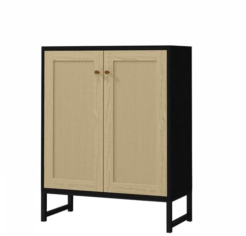 Panana Rattan Decorated 2 Doors Storage Cabinet Accent Cabinet Living Room Cupboard Kitchen Sideboard Buffet Table (Black)