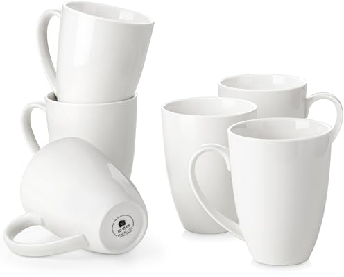 MALACASA Kaffeebecher 6er Set, Porzellan 560ML Becher Set, Große Moderne Kaffeetassen mit Henkel für Tee, Saft, Latte, Cappuccino, Kakao. Spülmaschinen- und mikrowellenfest, Serie REG Weiß