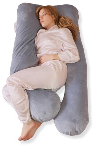 HOME DESIGN & CONFORT® Almohada XXL para Embarazada de Cuerpo Completo 100% Algodón | Cojín de Lactancia con Funda de Terciopelo (Gris Claro)