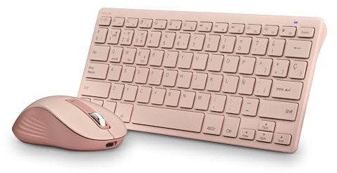 NGS Fantasy Kit Pink – Teclado y Raton Inalambrico QWERTY Espanol, Recargable Silencioso, Multimodo 2,4 GHz y Bluetooth, 12 Teclas Multimedia, dpi Ajustable, Color Rosa