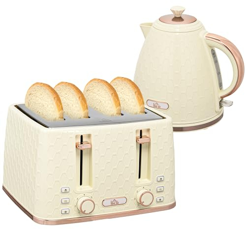 HOMCOM Kettle and Toaster Set, 1.7L 3000W Fast Boil Jug Kettle with Auto Shut Off, 4 Slice Toaster with 7 Level Browning Controls & Crumb Tray, UK Otter Thermostat, Beige