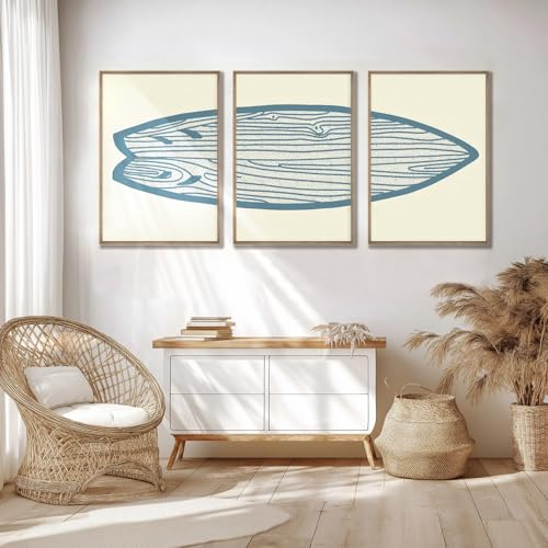 AntExpanse Quadri Moderni Soggiorno Set di 3 Tavola da Surf - Stampa su Tela con Telaio in Legno - Decorazione Parete Mare e Spiaggia per Camera da Letto, Stile Astratto Blu (40x55cm x3)