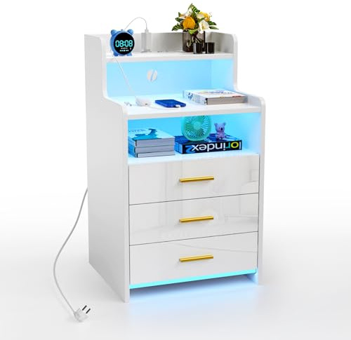 Comodino Camera da Letto Con Stazione di Ricarica, LED Comodini Camera da Letto Moderni con 3 Cassetti, Grande Tavolino da Letto Tavolino da Divano Soggiorno, 40x45x76 cm Comodino Bianco Salvaspazio