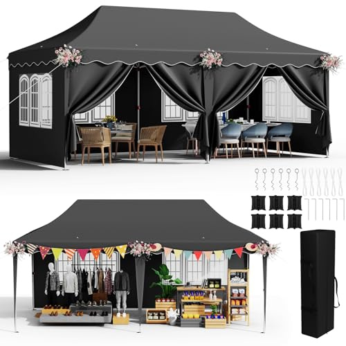 Paviljong 3 x 6 med 6 sidoväggar, vikbar paviljong 3 x 6 vattentät, stabil vintersäker, vikbart festtält 3 x 6, Anti-UV 50+ trädgårdspaviljong, 6 st sandsäckar, 12 jordkrokar, för marknad, bröllop