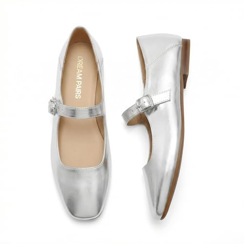 DREAM PAIRS Women's Square Toe Mary Jane Flats,Silver,6