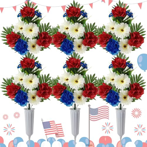 Yuxung 6 juegos de ramo conmemorativo patriótico con jarrón de flores de cementerio para tumba, peonía roja y azul y blanco, flores artificiales para el 4 de julio, lápidas funerarias, decoración de