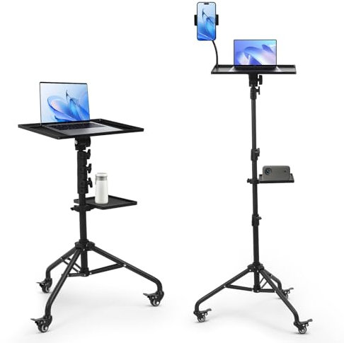Gugxiom Projector Tripod Stand,Projector Stand with 2 Shelves and Gooseneck Phone Holder,Projector Stand Tripod with wheels for Home, Office, Stage or Studio
