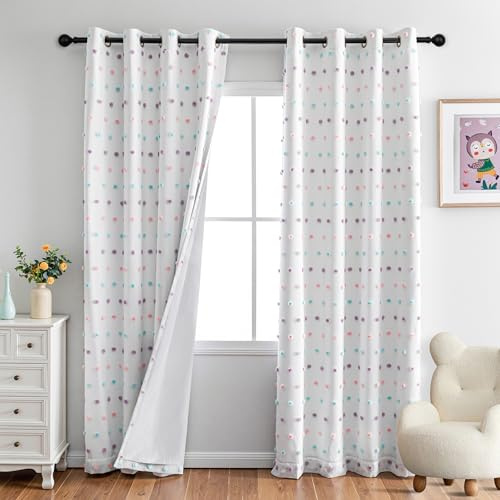 MYSKY HOME Cortina opaca para habitación infantil y niña, con pompones de colores, cortinas opacas con gasa, cortinas térmicas de doble capa, protección contra el frío, juego de 2 unidades, 225 x 140