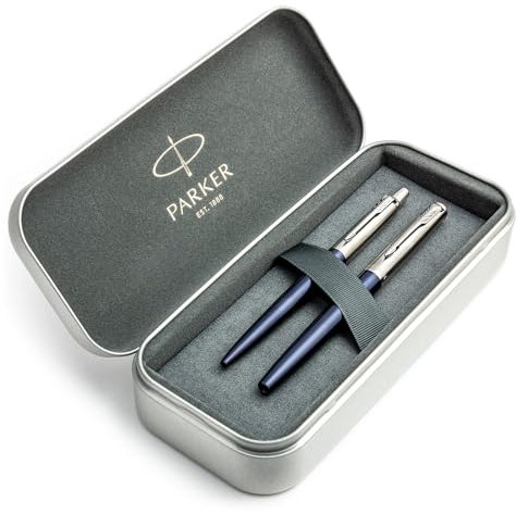 Parker Jotter Geschenkset mit Füllfederhalter und Kugelschreiber, Königsblau, mittlere Spitze, luxuriöse Metall-Geschenkbox im Lieferumfang enthalten