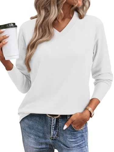 Yutdeng Suéter Mujer Manga Larga Jersey de Punto Cuello Pico Elegante Jersey Basico Sueter Invierno Otoño Sweater Fino Lana Jerséis para Mujer Jersei Suave Casual Pullover Camiseta,Blanco,XL