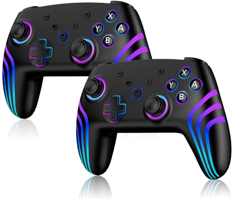 Riscvma 2pcs Manette Sans Fil pour Switch/Switch 2/Lite/OLED/PC, Manette pour Switch Pro avec éclairage RGB à 7 Couleurs Changeantes/Double Vibration/Gyroscope 6 Axes/Turbo, Joystick de Ergonomique