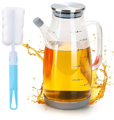 Yuragim Oljeflaska i glas, 1 l borosilikatglas, oljespridare med mätskala, olje-vinägerflaskor, oljespridare glas för matlagning, stor, läckagesäker, kryddpanna, kan för olja, vinäger, sås, kök