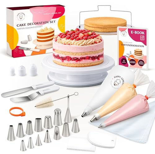 Happy Lemuro - Kit Decorazione Torte con Piatto Girevole, beccucci Inox e sac à Poche Premium - Set Accessori Pasticceria per Principianti ed esperti