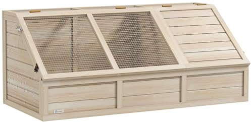 PawHut Casa in Legno per Tartarughe, recinto esterno per piccoli animali con coperchio apribile, fermi e 2 spazi separati, senza fondo, 120 x 55 x 50 cm, legno naturale