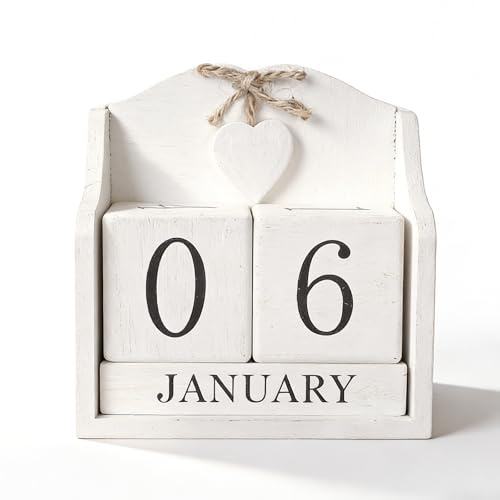Sertay Calendario Madera, Mesa Calendario Permanente Mader, Cubos Calendari Maderas, para Cuenta Regresiva a Nochevieja, Aniversario, Cumpleaños, Feriado, Navidad (Blanco)