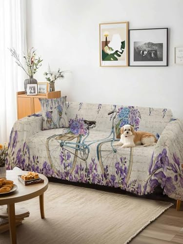 Purple Flowers Sofa Cover Blanket Couch Covers for Armchair Cushion,Couch Sofa Silpcover with Tassel,Weeping Spring Floral Bicycle Retro Art Living Room Throw Towel Blanket Covers XX-L 71x150