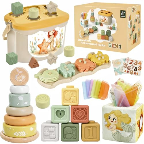 Anook Juegos Montessori Bebé 6-12 Meses, 5 en 1 Juguetes Bebé 6 9 12 Meses