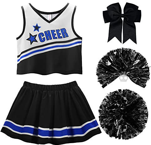 ReliBeauty Déguisement Pompom Girl Noir Costume Cheerleader Short sous La Jupe avec Barrette Nœud et Pompons pour Carnaval Halloween,110