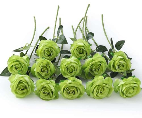Laelfe 12 Pièces Roses Artificielles Vert, Longues Tiges Fausse Roses Fleur de Soie pour St. Patrick's Day, Bouquet de Mariée, Décoration de Fête à la Maison, Hôtel, Jardin (Vert)