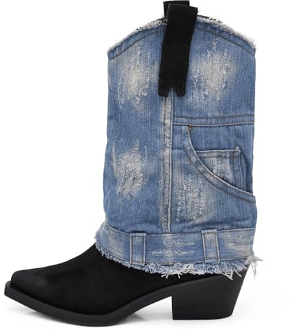 IF Fashion Scarpe Stivali Stivaletti Texani Con Ghette Risvolto Jeans A punta da Donna 6657 black/light blu N.39
