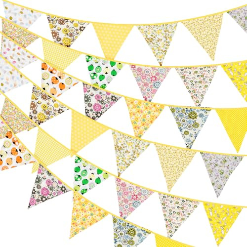 G2PLUS 36PCS Double Sided Fabric Bunting, 10M Yellow Floral Cotton Banner, 17x19CM Large Triangle Garland Reusable for Indoor and Outdoor Party Decoration