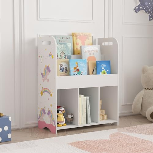 [en.casa] Scaffale per Cameretta Bambini Mini Libreria con Scomparti e Contenitori a Scaletta Mobile Bianco a Misura di Bimbi 75x62x29 cm Disegno Laterale Unicorno