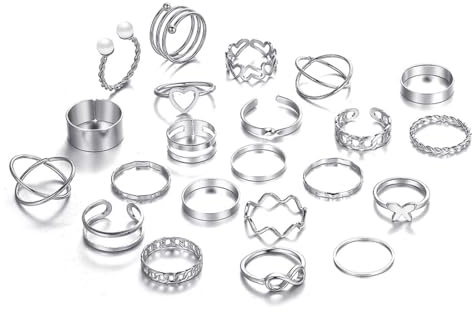 22 Pièces Bague Argent Femme, Acier Inoxydable Ouvert Réglable Vague Bague Câlin Main Doigt, Bague Rétro Vintage Réglable Bague Empilable Ensemble Ouvert Argent