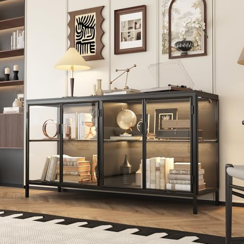 Caldion Vitrina moderna de cristal con iluminación LED, 140 × 40 × 75 cm, vitrina de vidrio templado y MDF, hierro, armario de cristal con iluminación de 3 colores, para salón, oficina