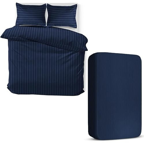 MOONLIGHT20015 4 Piece Double Bedding Set Satin Stripes Duvet Cover Fitted Sheet with Pillow cases Hotel Quality Soft Brushed Microfiber Navy