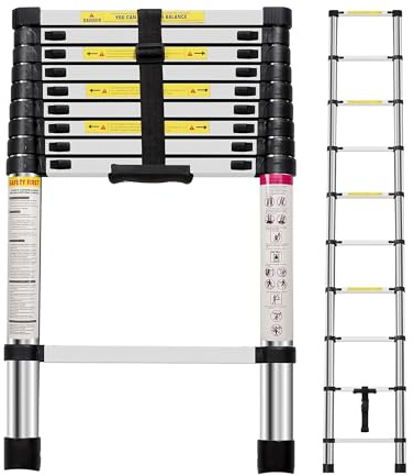Bixel Telescopic Ladder 3.2M, Thickened High-Strength Design Aluminium Extendable Loft Ladder with Triangle Support Non-Slip Feet, Portable Folding Ladder for Roof, Attic, and Caravans