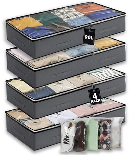 MORIVO 4 Pack 90L Under Bed Storage Bags, Underbed Storage Boxes with Lids, Clothes Storage Bag with Zips, Wardrobe Organiser with Reinforced Handles & PVC Window for Bedding, Blankets, Clothes