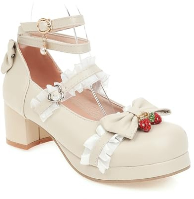 TNMIUH Scarpe Lolita da Donna Rosa Mary Jane Plateau Tacco a Blocco Dolce Kawaii Scarpe con Volant Fiocco e Fragola Cosplay Party Décolleté Nero,Beige,38 EU