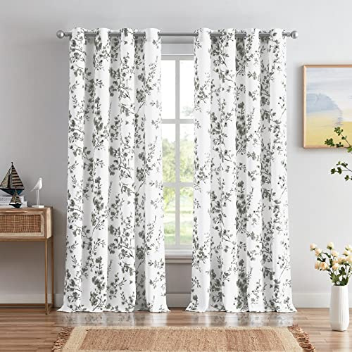 Melodieux blommiga gardiner 244 cm långa för vardagsrum, bondgård grå aprikos blomtryck vit dekorativ öljettdraperier, 132 x 244 cm, 2 paneler