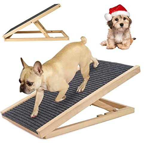 VickyHome Dog Ramp Adjustable Heights, Strong Wooden Pet for Large Non Slip Surface Folding Ladder Heavy Duty travel, Non-Slip Carpet, Great Cars, Trucks (L70xW35cm, H30-40cm), Yellow+black