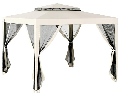 Outsunny Carpa de Jardín 3x3 m Cenador con 4 Mosquiteras Laterales con Cremallera Techo de Ventilación y 8 Orificios de Drenaje Gazebo para Terraza Patio Exterior Beige